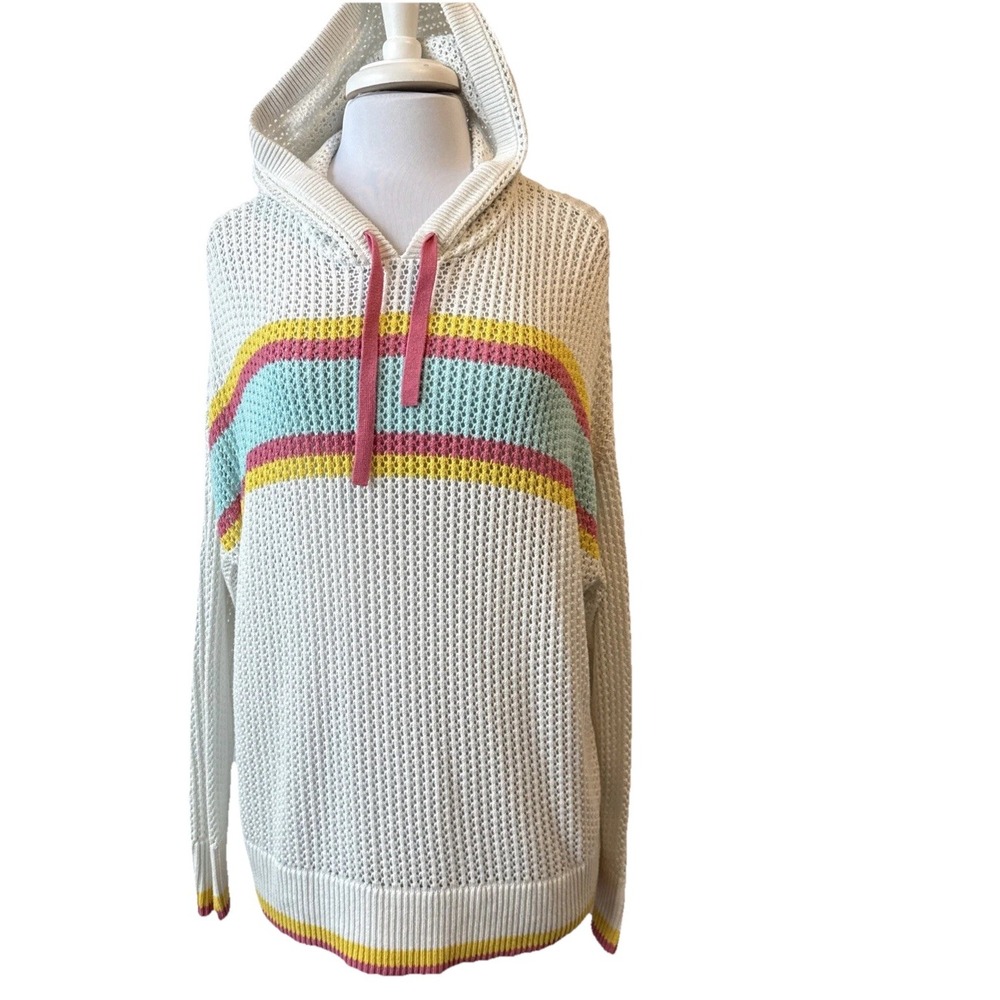 torrid Cream Knit Hoodie with Turquoise, Yellow & Pink Stripes